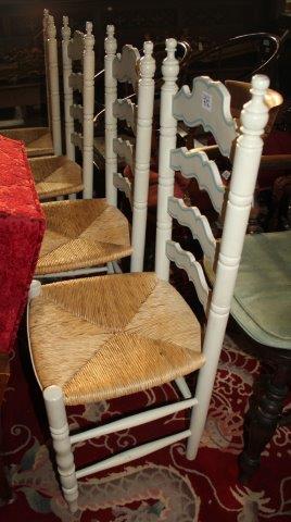 Set of four rush seat ladderback chairs painted pale green and blue